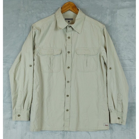 Gramicci Mens Small Khaki Canvas Button Down Roll Tab Long Sleeve Outdoor Camp - Picture 1 of 5